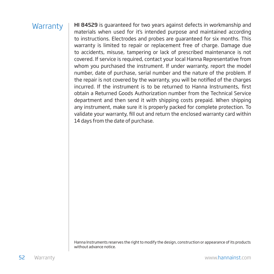 Warranty | Hanna Instruments HI 84529 User Manual | Page 52 / 54