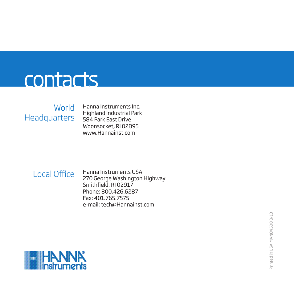 Contacts, World headquarters local office | Hanna Instruments HI 84529 User Manual | Page 54 / 54