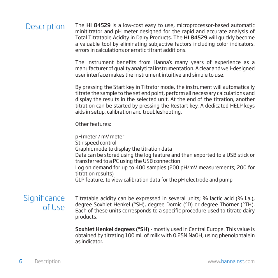 Description significance of use | Hanna Instruments HI 84529 User Manual | Page 6 / 54