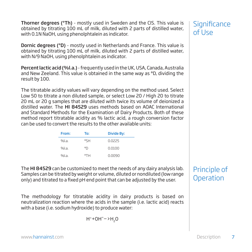 Significance of use principle of operation | Hanna Instruments HI 84529 User Manual | Page 7 / 54