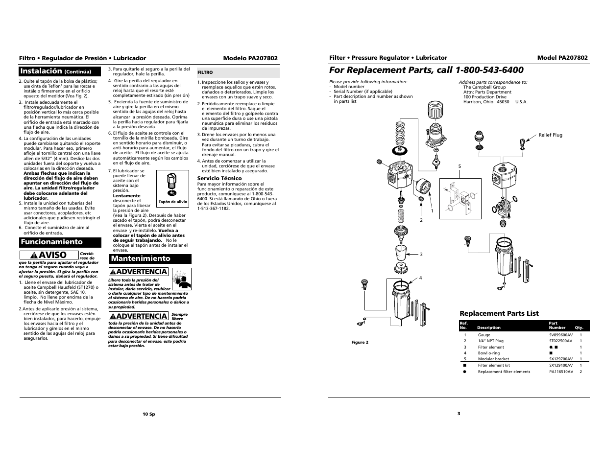 Aviso, Advertencia, Mantenimiento | Funcionamiento, Instalación | Campbell Hausfeld PA207802 User Manual | Page 11 / 12