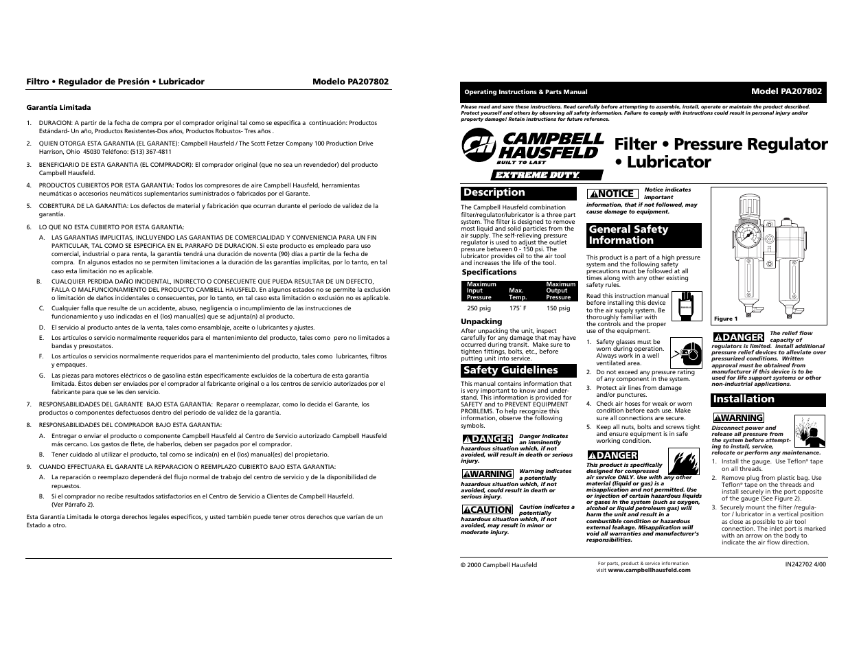 Filter • pressure regulator • lubricator, Notice, Installation | Campbell Hausfeld PA207802 User Manual | Page 12 / 12