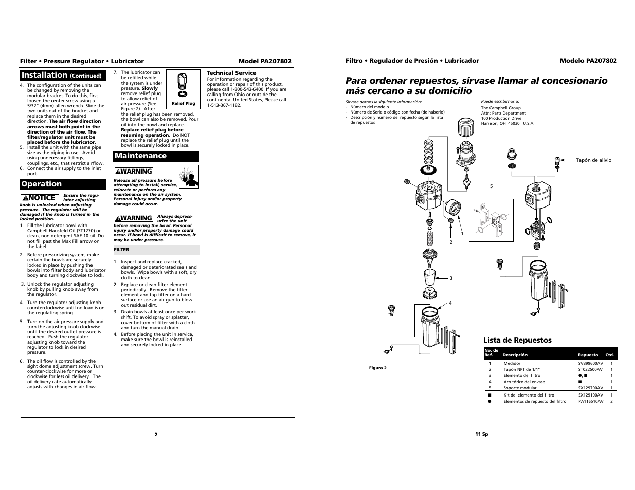 Notice maintenance, Installation, Operation | Campbell Hausfeld PA207802 User Manual | Page 2 / 12