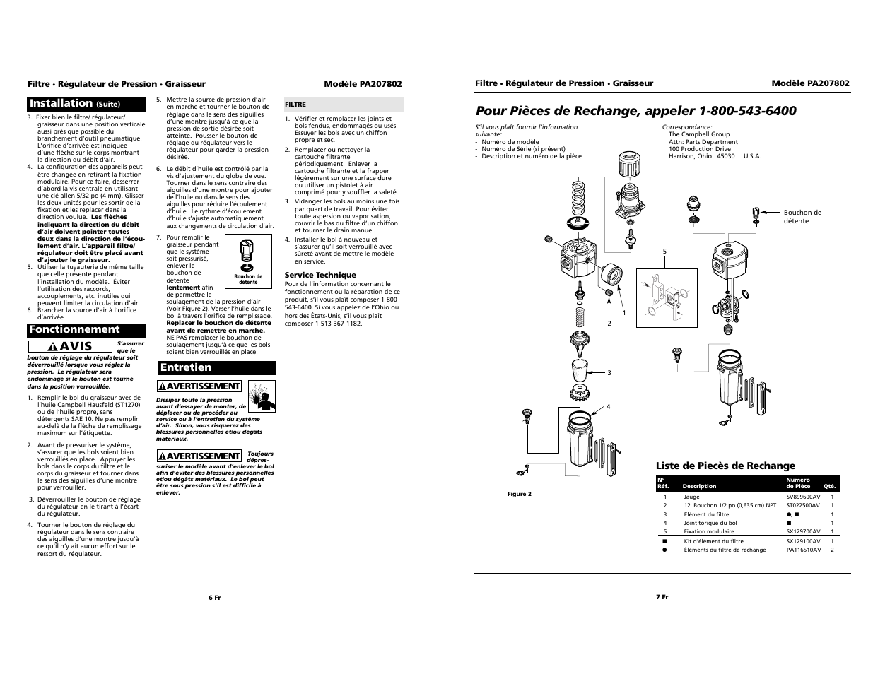 Avis, Entretien, Installation | Fonctionnement | Campbell Hausfeld PA207802 User Manual | Page 6 / 12