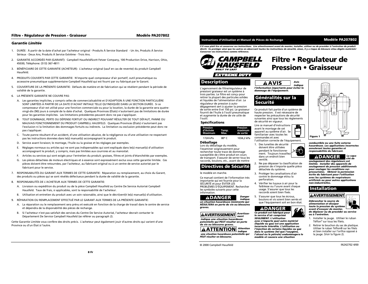Filtre • regulateur de pression • graisseur, Attention, Avis | Danger, Installation | Campbell Hausfeld PA207802 User Manual | Page 8 / 12