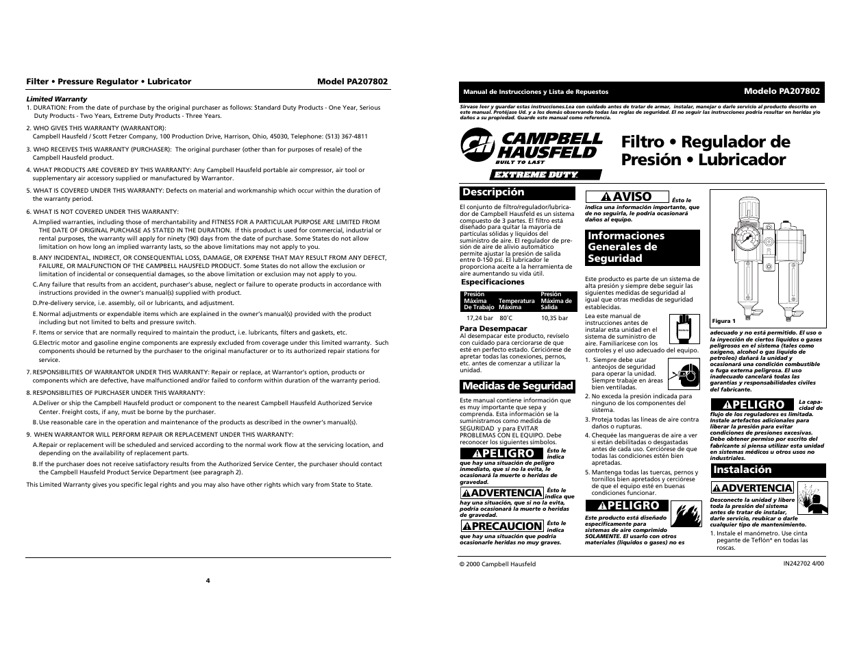 Filtro • regulador de presión • lubricador, Aviso, Peligro | Precaucion, Advertencia, Instalación | Campbell Hausfeld PA207802 User Manual | Page 9 / 12