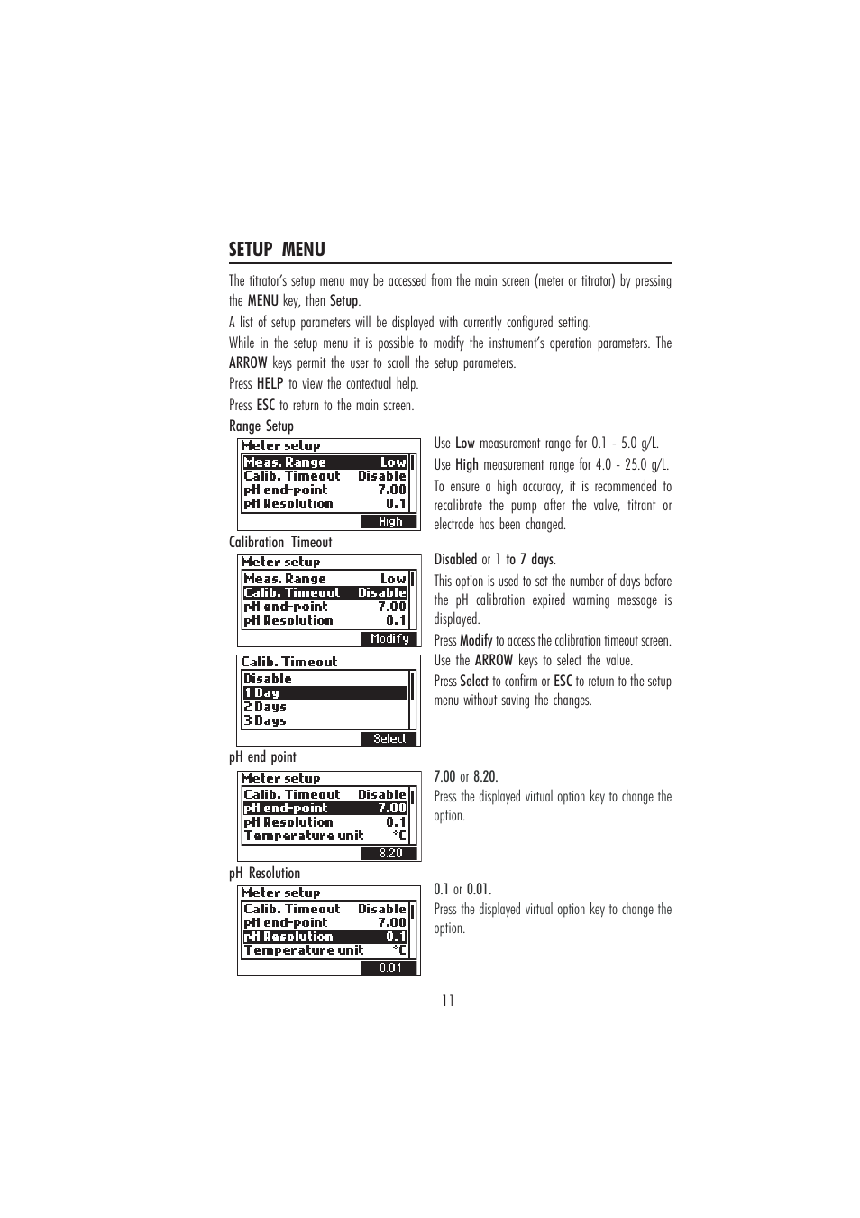 Setup menu | Hanna Instruments HI 84502 User Manual | Page 11 / 44