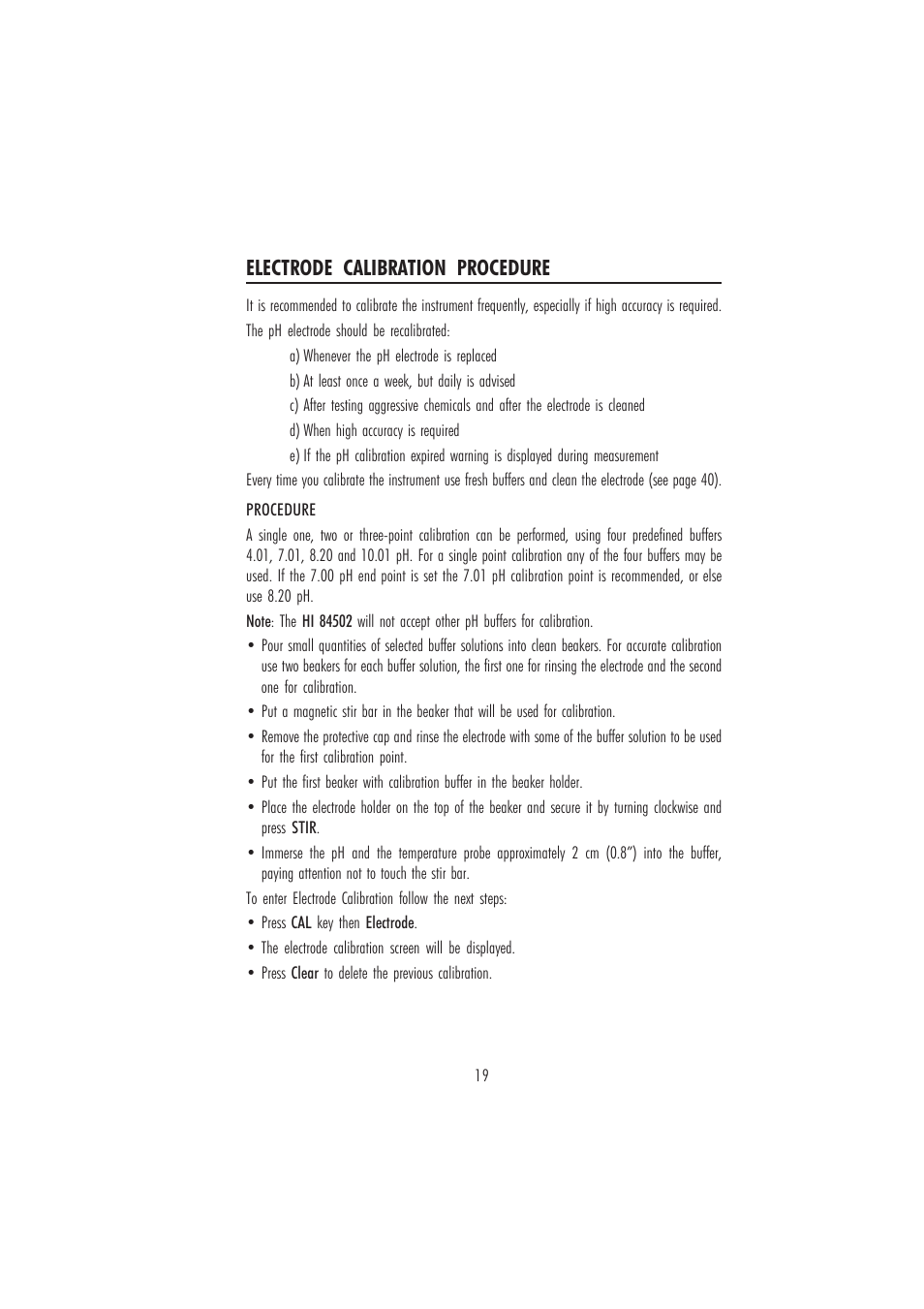 Electrode calibration procedure | Hanna Instruments HI 84502 User Manual | Page 19 / 44