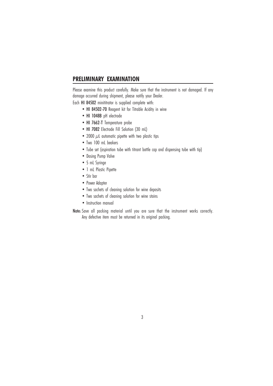 Preliminary examination | Hanna Instruments HI 84502 User Manual | Page 3 / 44