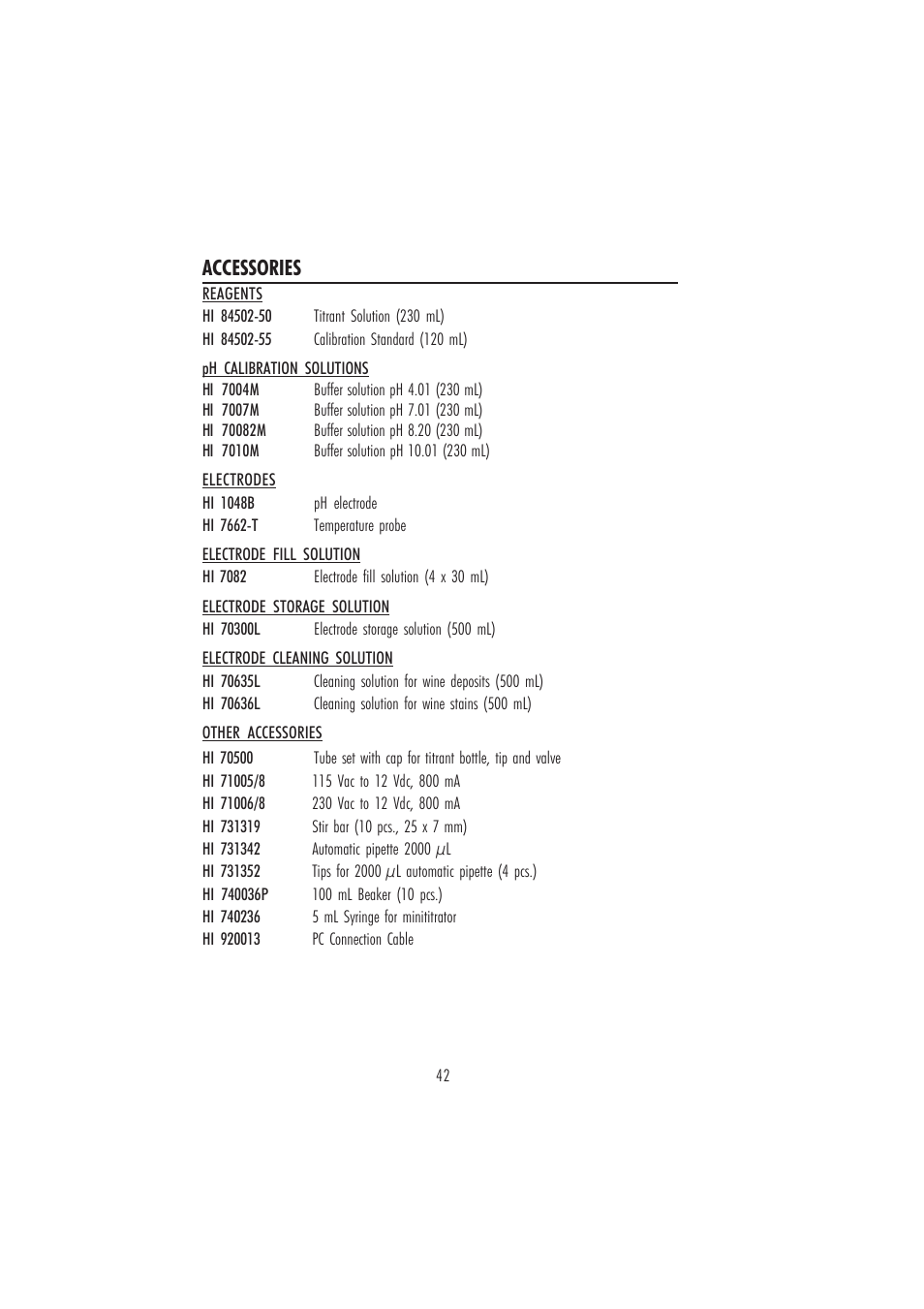 Accessories | Hanna Instruments HI 84502 User Manual | Page 42 / 44