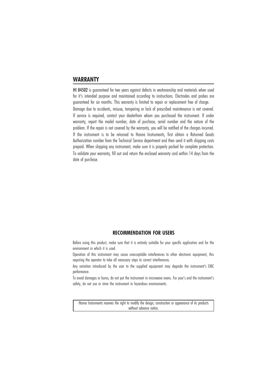 Warranty | Hanna Instruments HI 84502 User Manual | Page 43 / 44