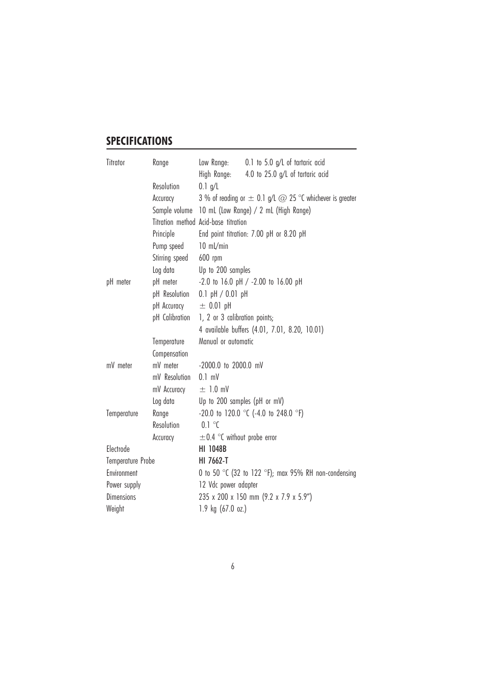Specifications | Hanna Instruments HI 84502 User Manual | Page 6 / 44
