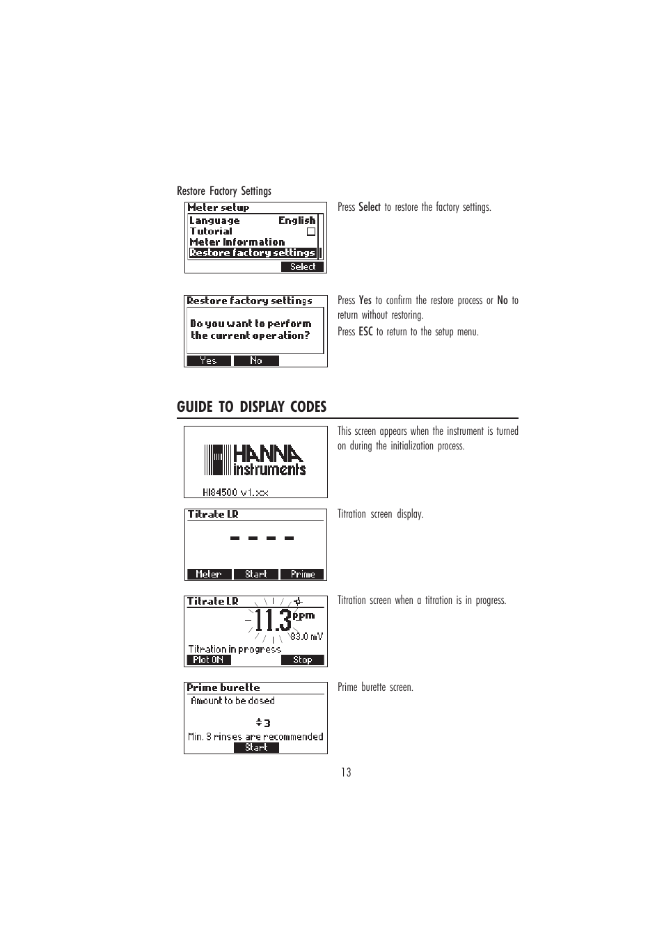 Guide to display codes | Hanna Instruments HI 84500 User Manual | Page 13 / 36