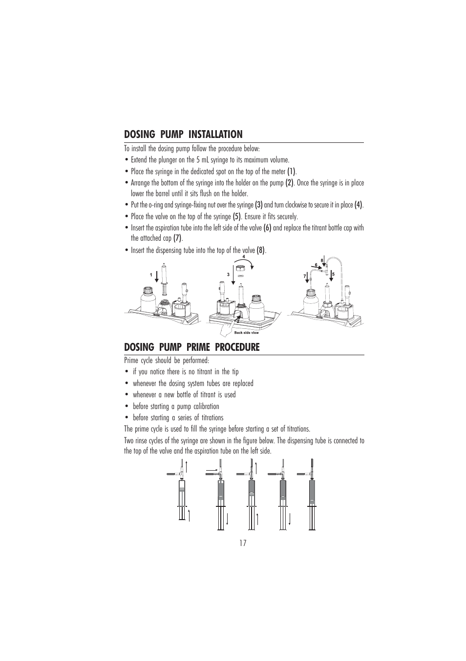 Dosing pump installation, Dosing pump prime procedure | Hanna Instruments HI 84500 User Manual | Page 17 / 36