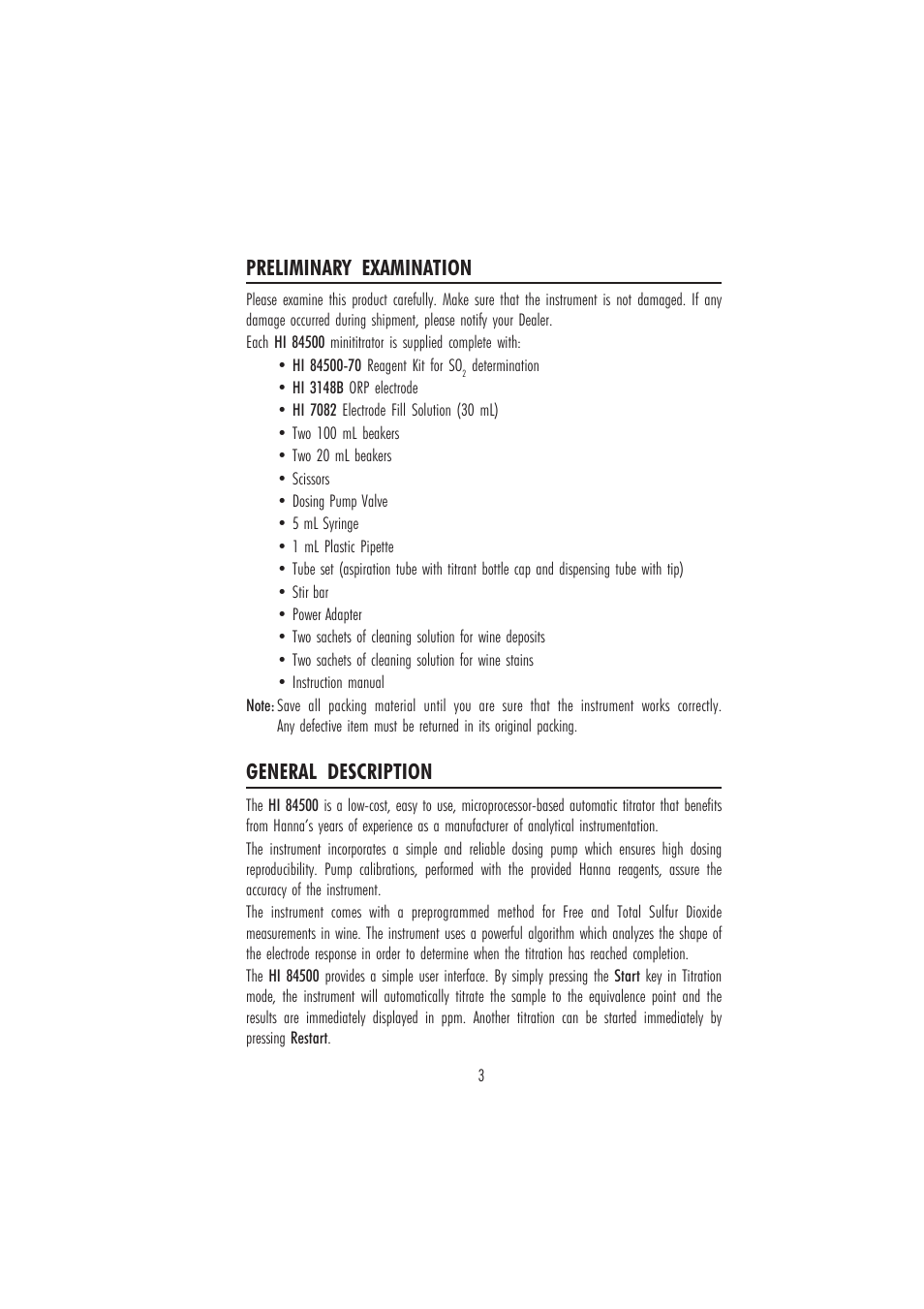 Preliminary examination, General description | Hanna Instruments HI 84500 User Manual | Page 3 / 36