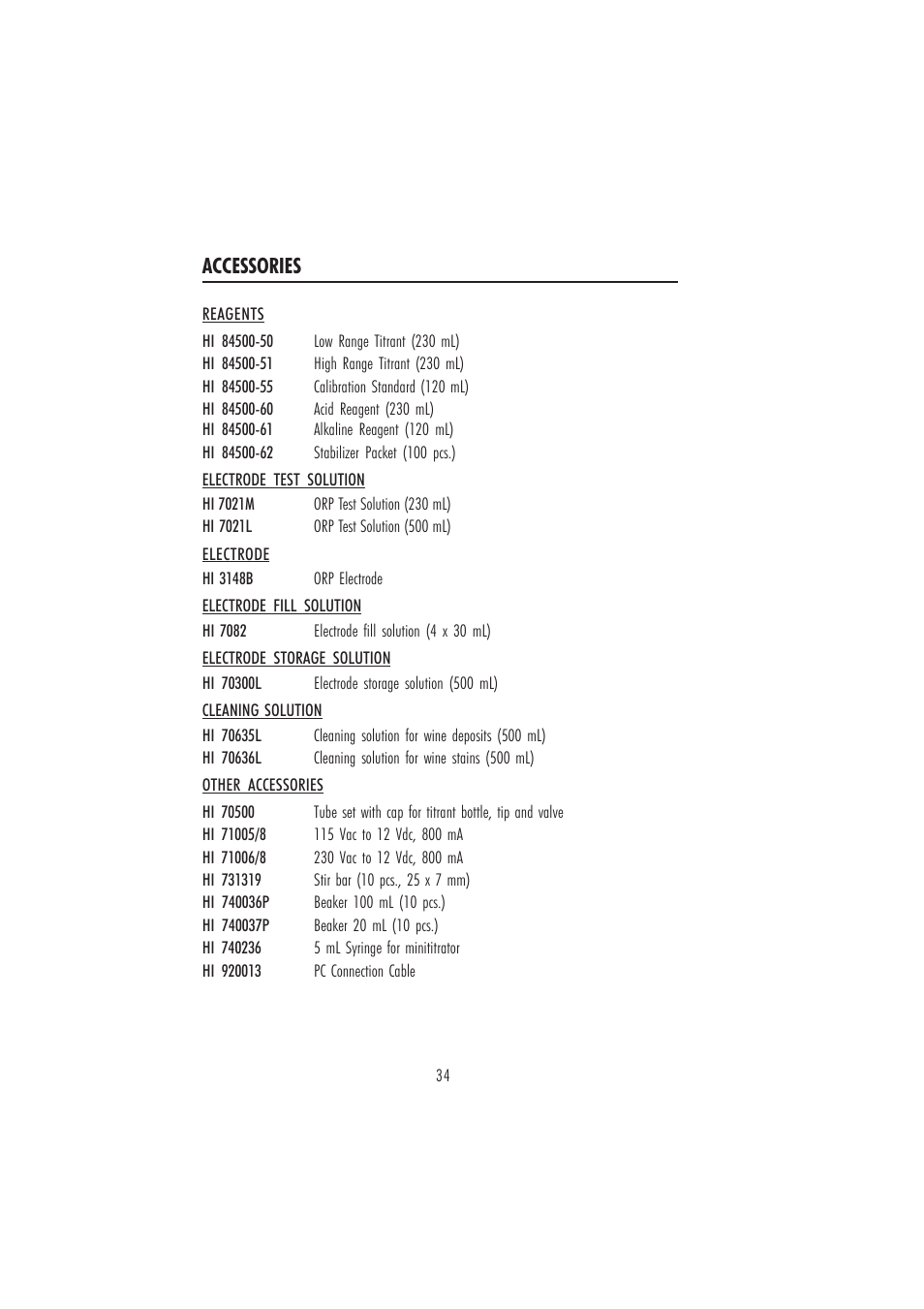 Accessories | Hanna Instruments HI 84500 User Manual | Page 34 / 36