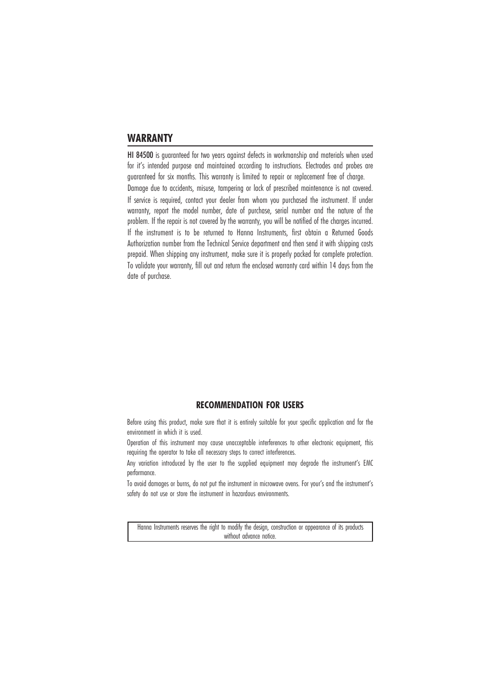 Warranty | Hanna Instruments HI 84500 User Manual | Page 35 / 36