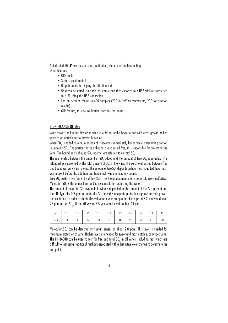 4significance of use, Together are referred to as total so, The relationship between the amount of so | Added and the amount of free so, Exists in two forms. bisulfite (hso | Hanna Instruments HI 84500 User Manual | Page 4 / 36