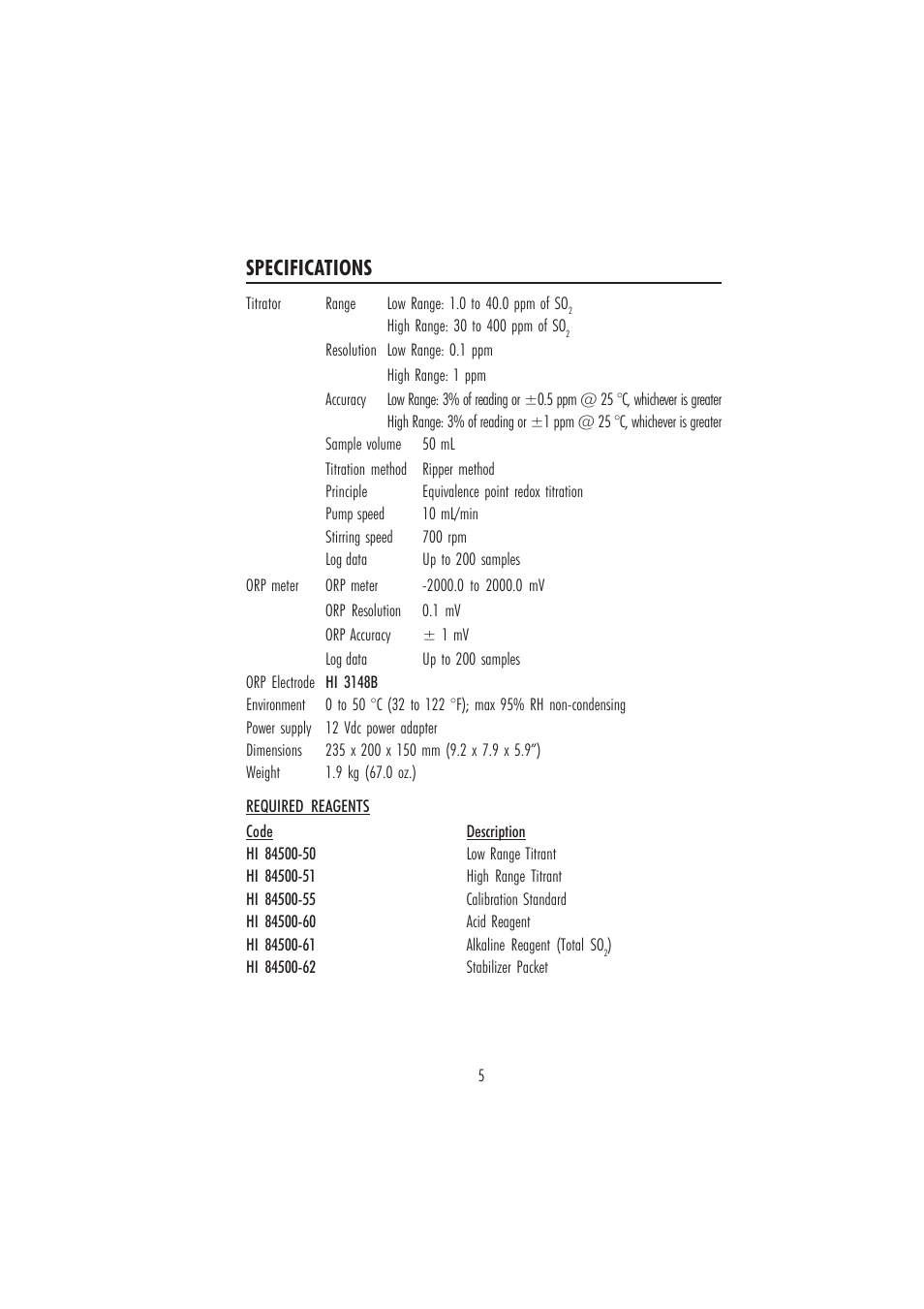 Specifications | Hanna Instruments HI 84500 User Manual | Page 5 / 36