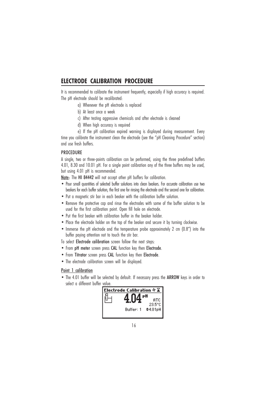 Electrode calibration procedure | Hanna Instruments HI 84442 User Manual | Page 16 / 40