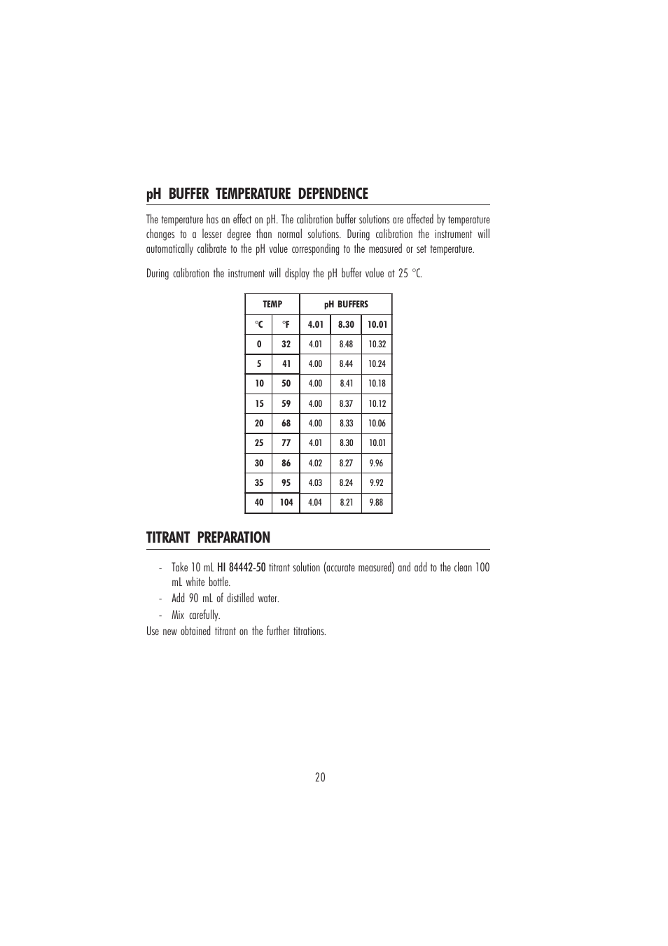 Ph buffer temperature dependence, Titrant preparation | Hanna Instruments HI 84442 User Manual | Page 20 / 40
