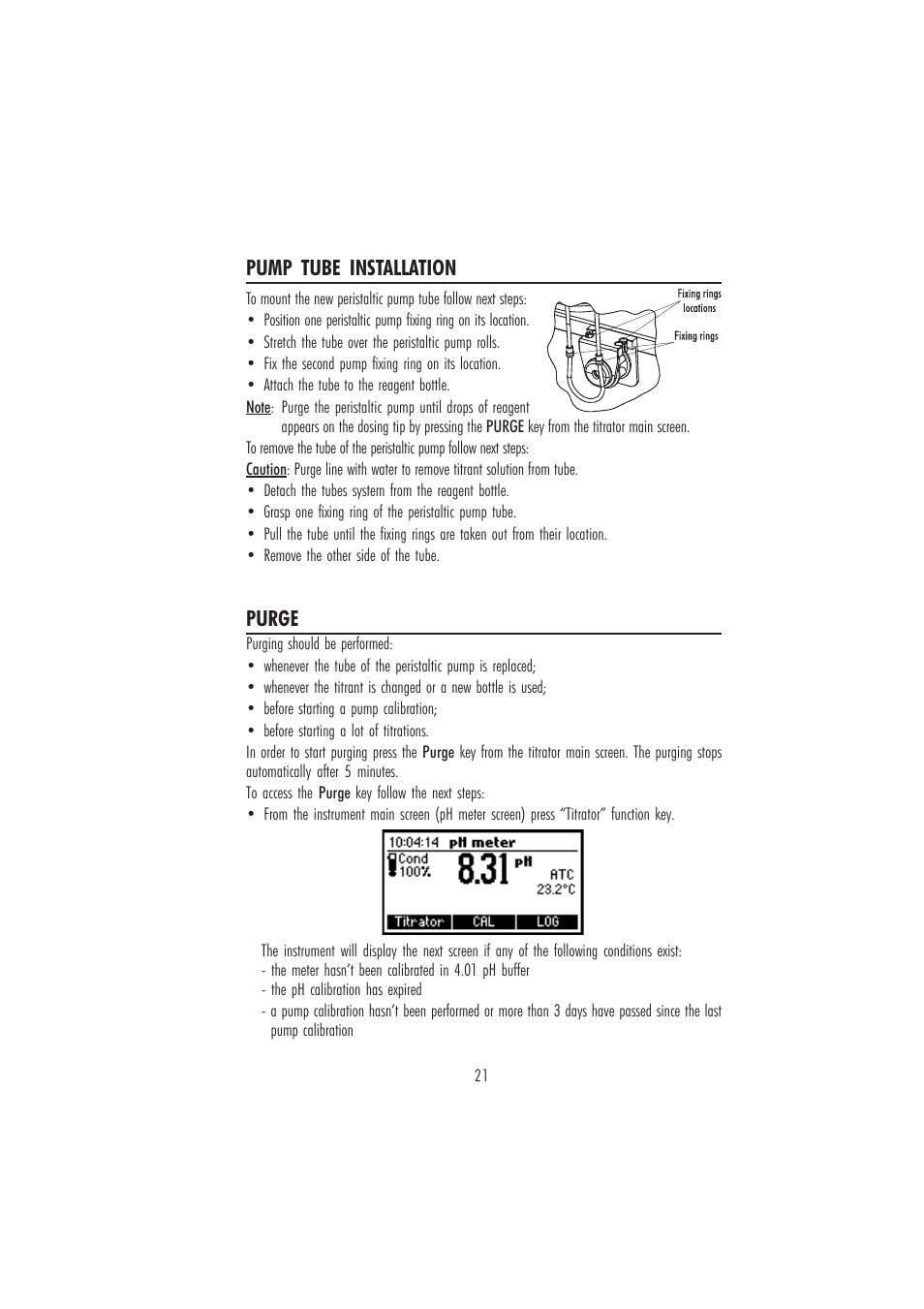 Purge, Pump tube installation | Hanna Instruments HI 84442 User Manual | Page 21 / 40