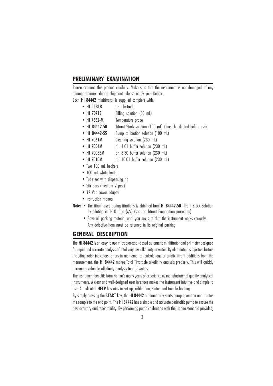 Preliminary examination, General description | Hanna Instruments HI 84442 User Manual | Page 3 / 40