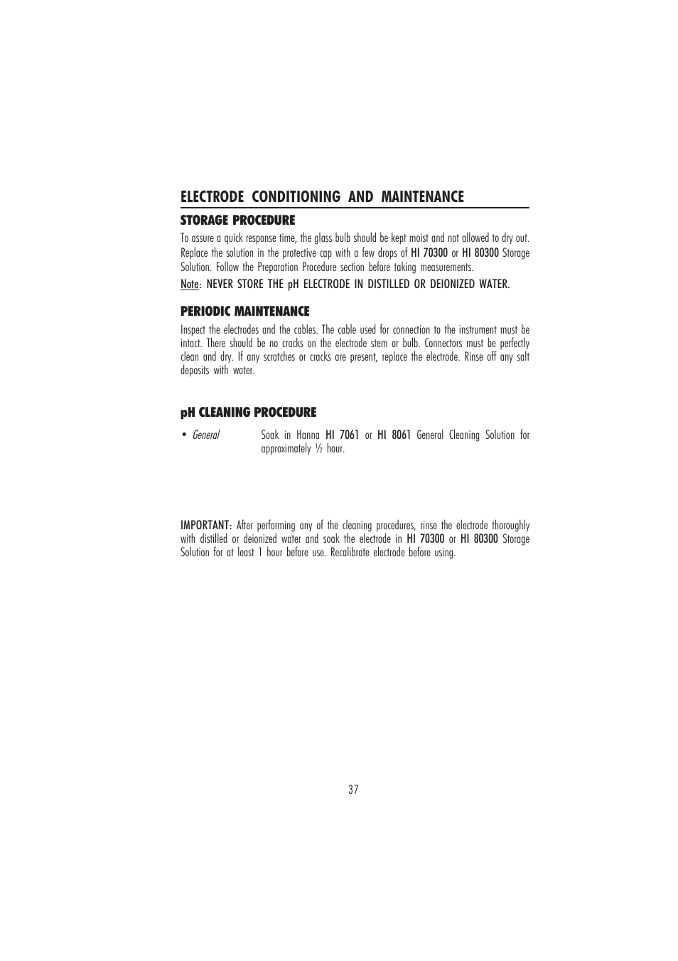 Electrode conditioning and maintenance | Hanna Instruments HI 84442 User Manual | Page 37 / 40