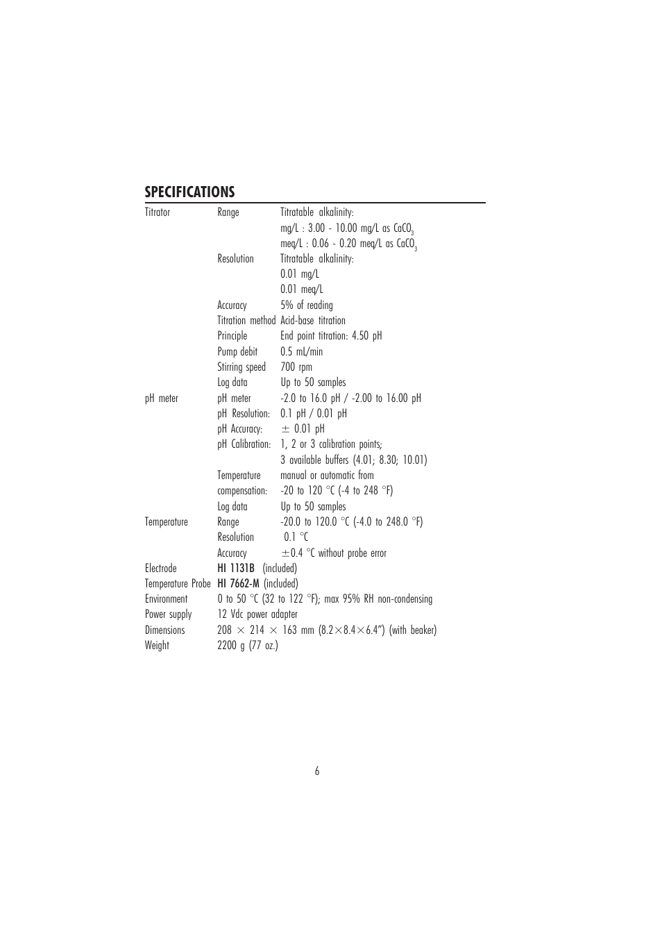 Specifications | Hanna Instruments HI 84442 User Manual | Page 6 / 40