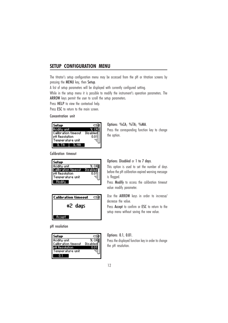Setup configuration menu | Hanna Instruments HI 84432 User Manual | Page 12 / 44