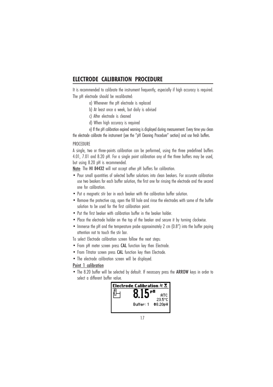 Electrode calibration procedure | Hanna Instruments HI 84432 User Manual | Page 17 / 44