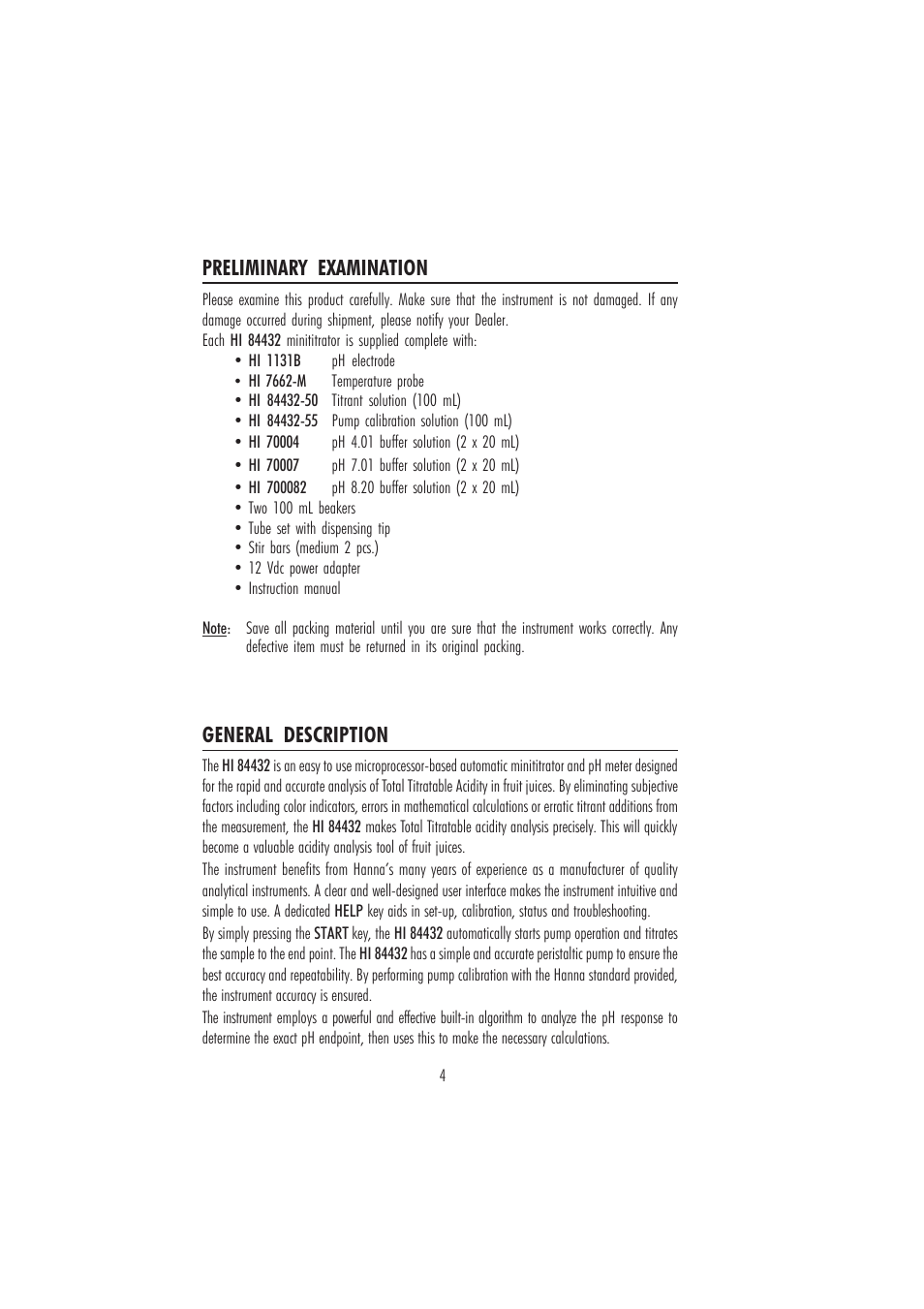 Preliminary examination, General description | Hanna Instruments HI 84432 User Manual | Page 4 / 44