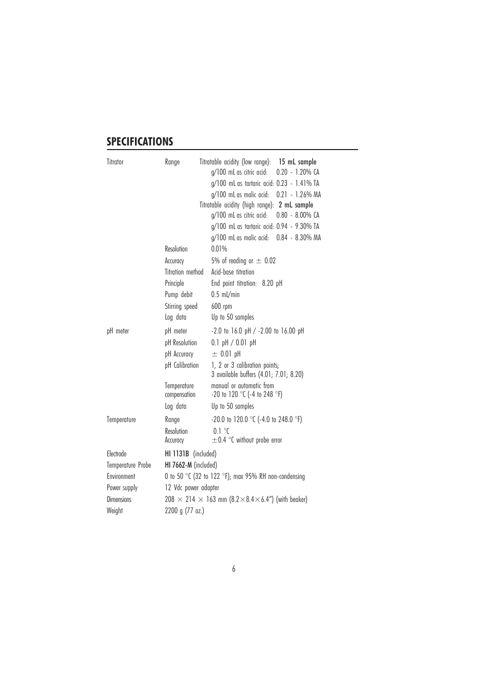 Specifications | Hanna Instruments HI 84432 User Manual | Page 6 / 44