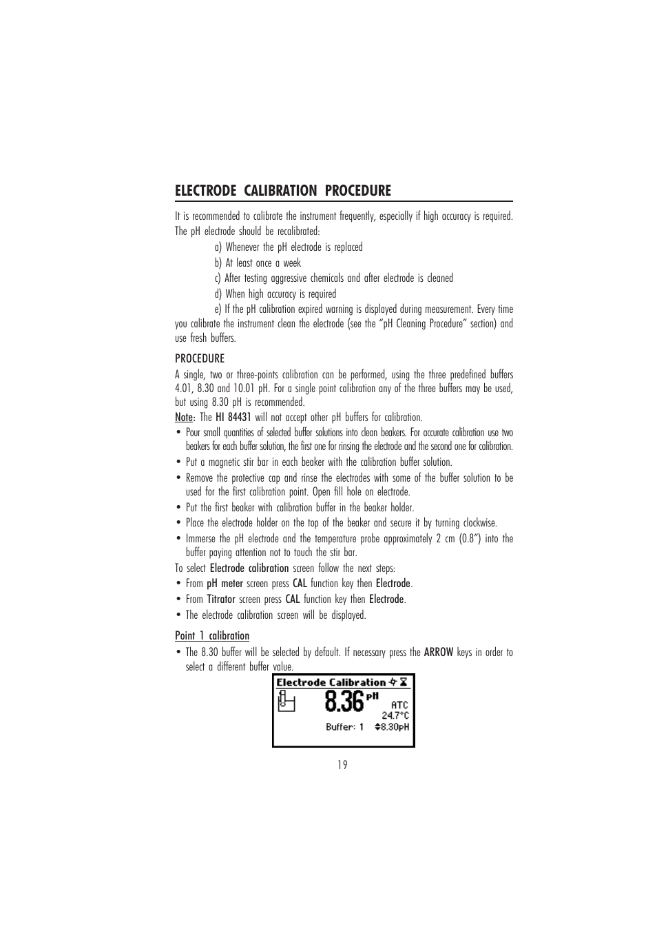 Electrode calibration procedure | Hanna Instruments HI 84431 User Manual | Page 19 / 44