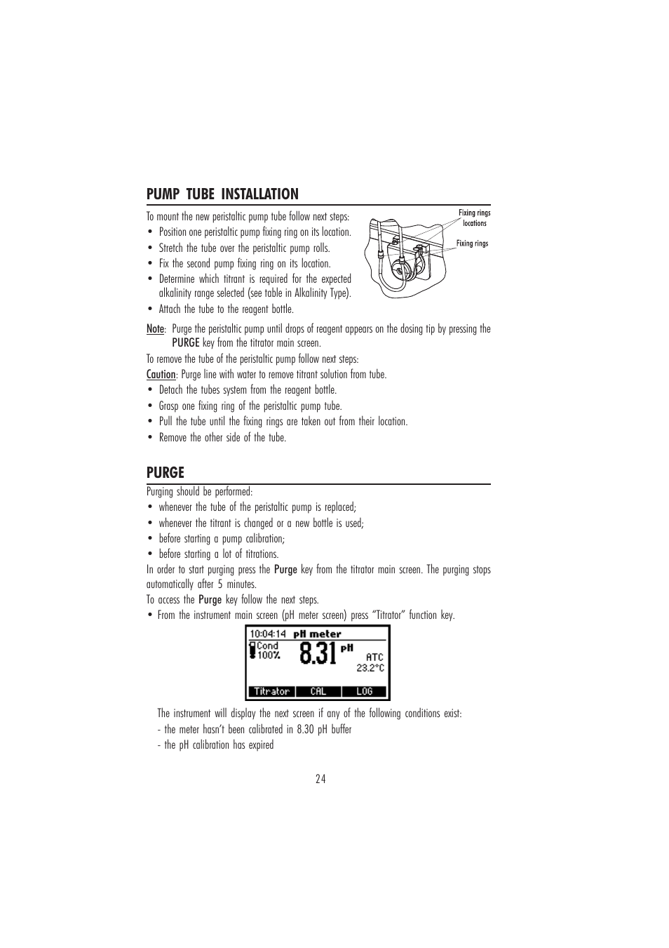 Purge, Pump tube installation | Hanna Instruments HI 84431 User Manual | Page 24 / 44