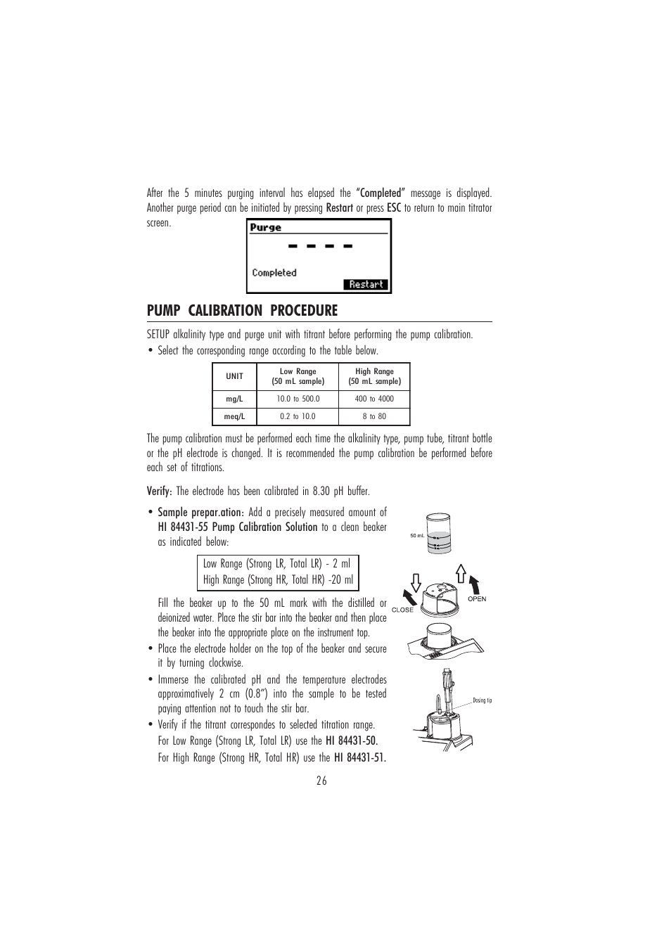 Pump calibration procedure | Hanna Instruments HI 84431 User Manual | Page 26 / 44