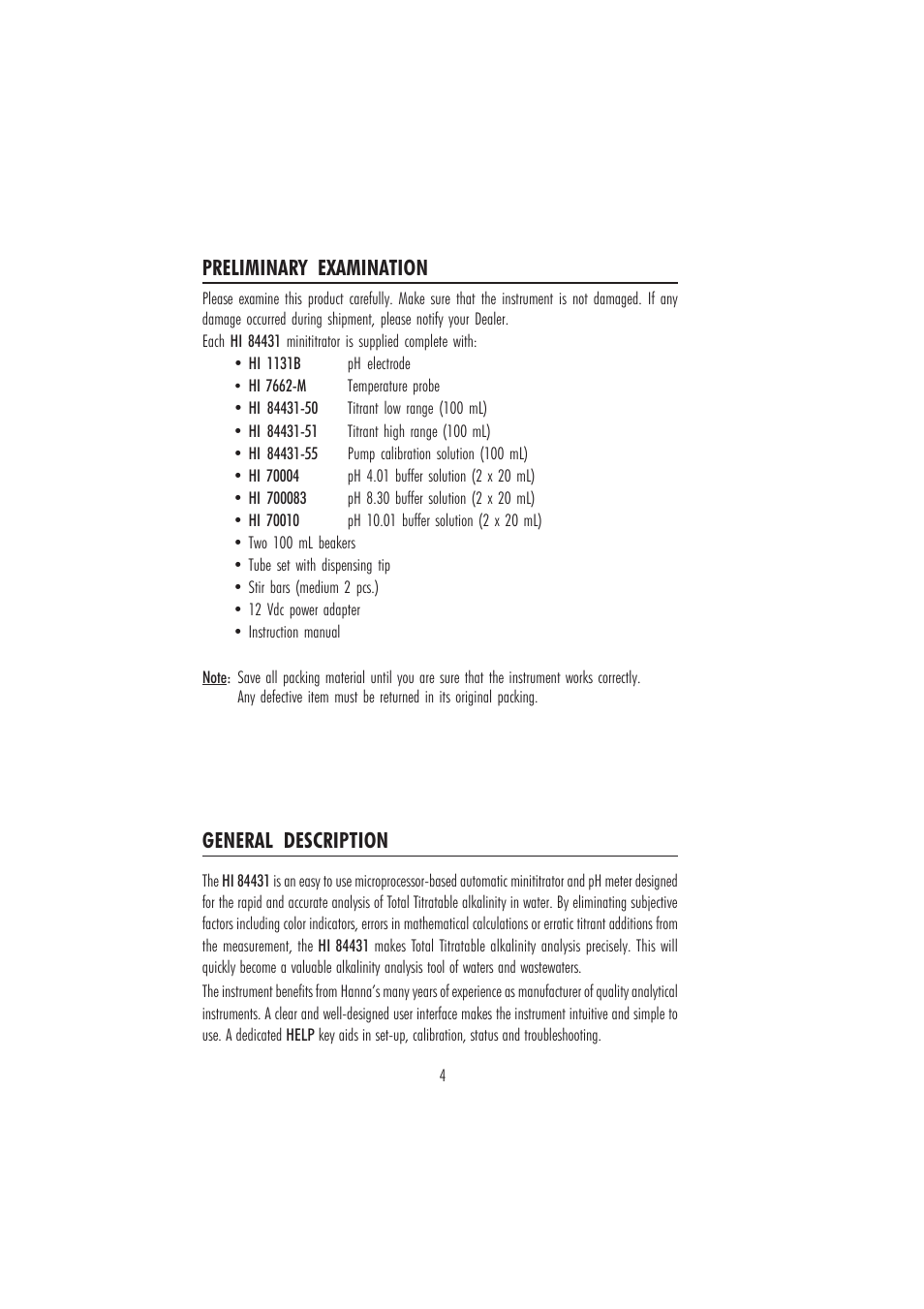 Preliminary examination, General description | Hanna Instruments HI 84431 User Manual | Page 4 / 44