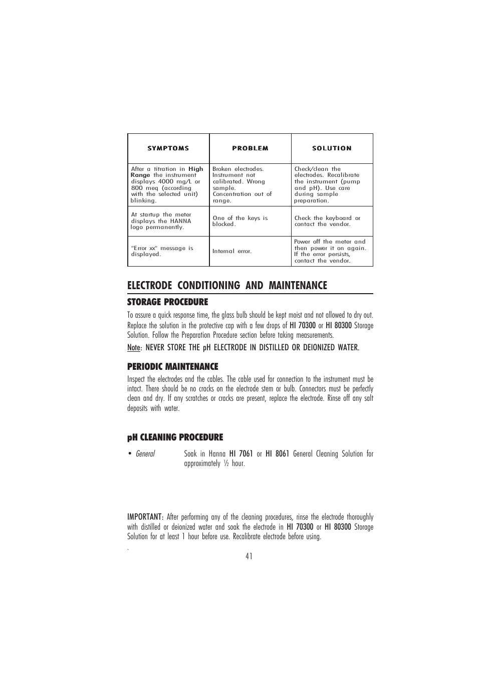 Electrode conditioning and maintenance, Ph cleaning procedure, Storage procedure | Periodic maintenance, General | Hanna Instruments HI 84431 User Manual | Page 41 / 44