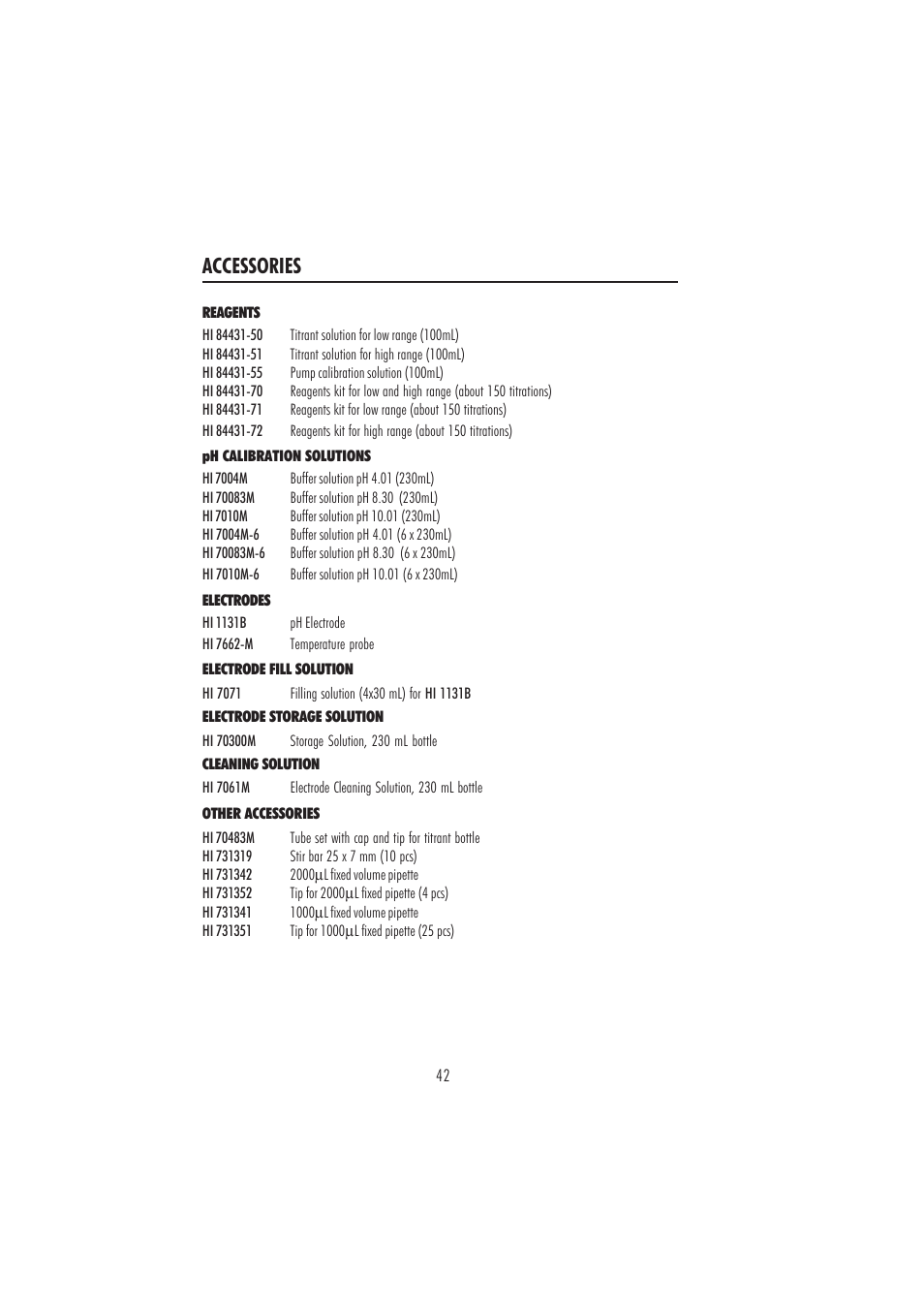 Accessories | Hanna Instruments HI 84431 User Manual | Page 42 / 44