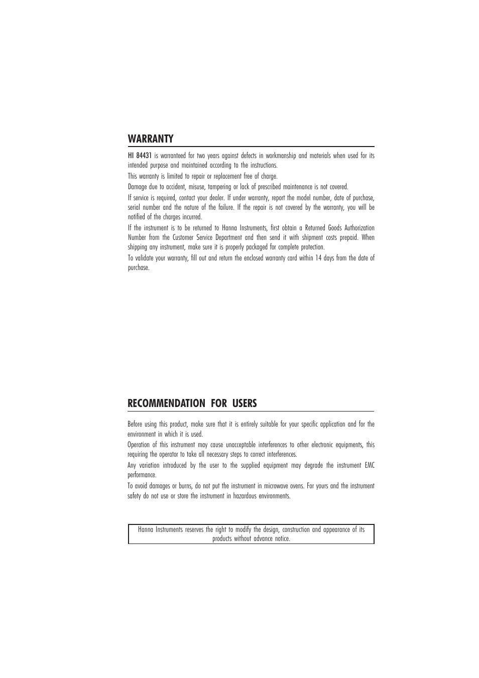 Warranty, Recommendation for users | Hanna Instruments HI 84431 User Manual | Page 43 / 44