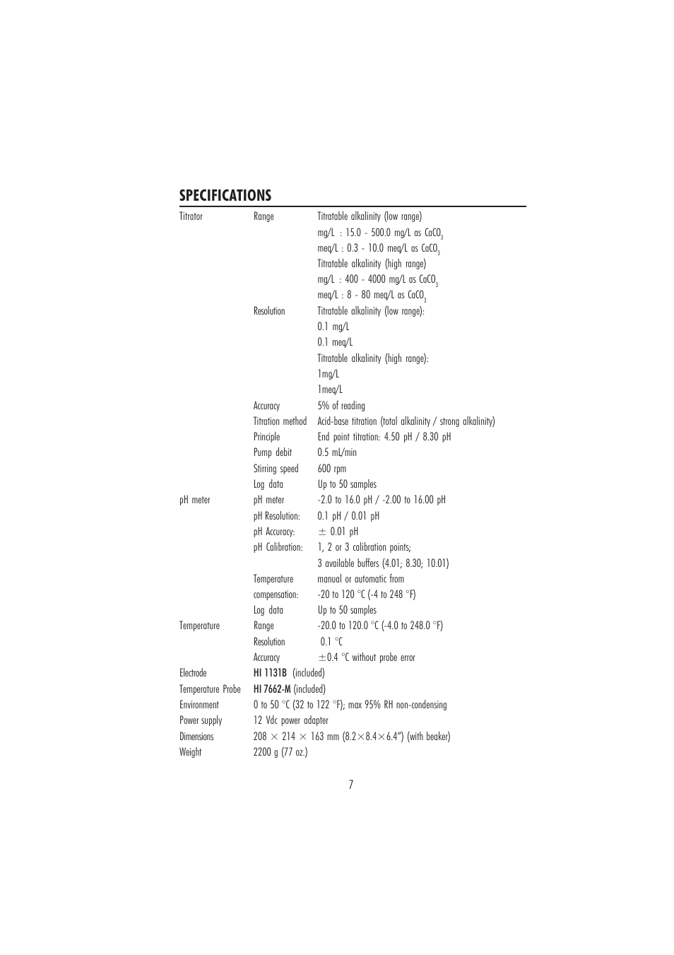 Specifications | Hanna Instruments HI 84431 User Manual | Page 7 / 44