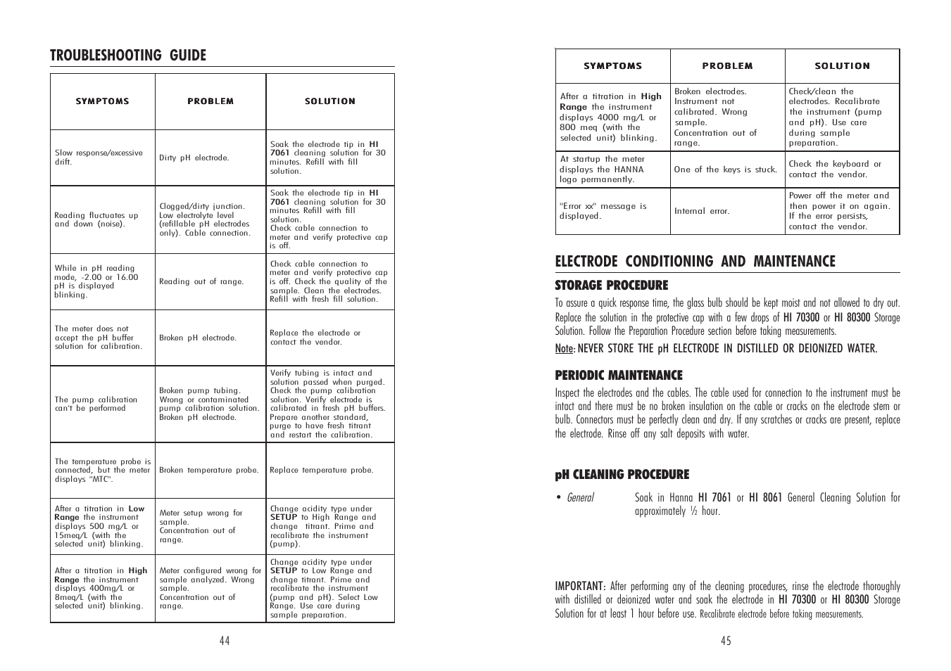 Electrode conditioning and maintenance, Troubleshooting guide, Ph cleaning procedure | Storage procedure, Periodic maintenance | Hanna Instruments HI 84430 User Manual | Page 23 / 25