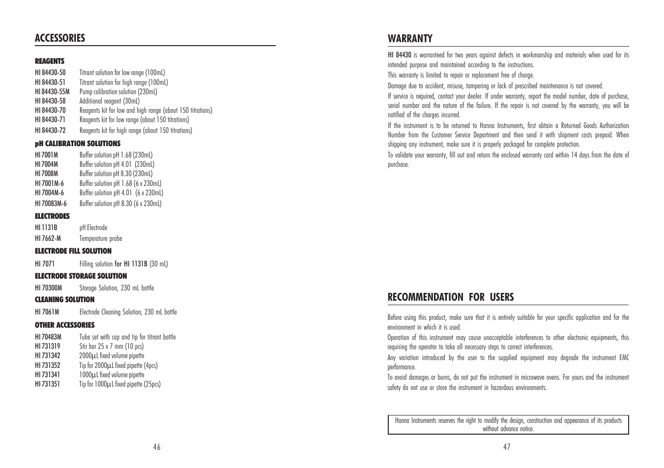 Warranty, Recommendation for users, Accessories | Hanna Instruments HI 84430 User Manual | Page 24 / 25