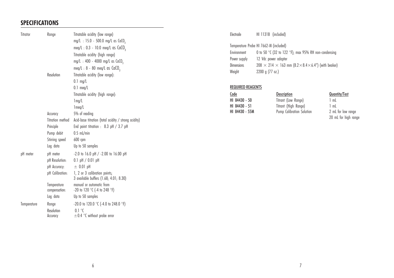 Specifications | Hanna Instruments HI 84430 User Manual | Page 4 / 25