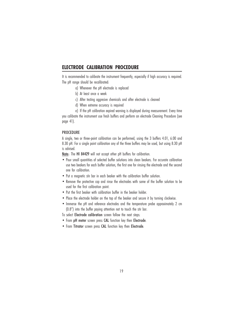 Electrode calibration procedure | Hanna Instruments HI 84429 User Manual | Page 19 / 44