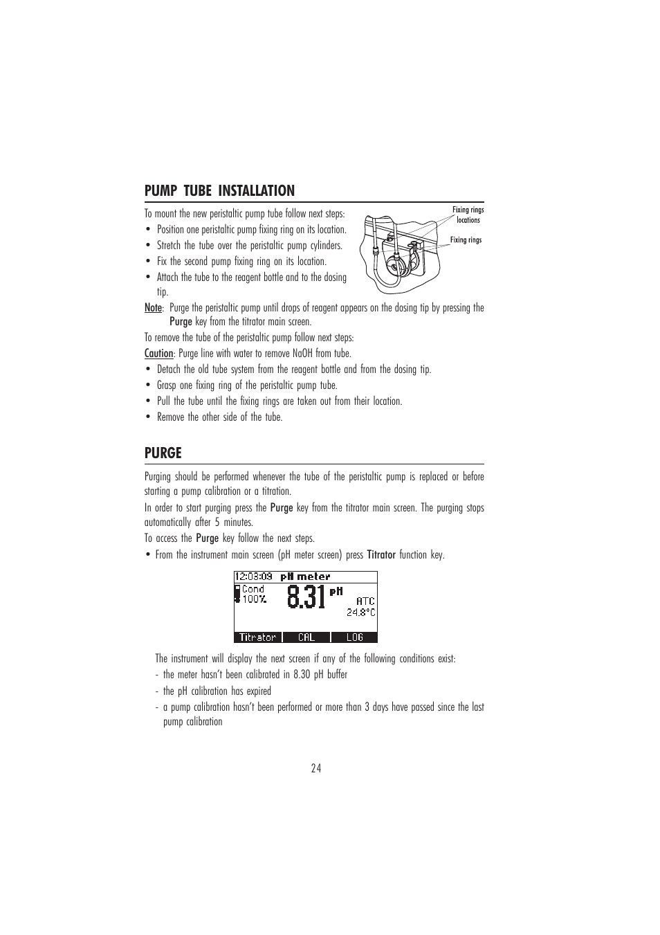 Pump tube installation, Purge | Hanna Instruments HI 84429 User Manual | Page 24 / 44
