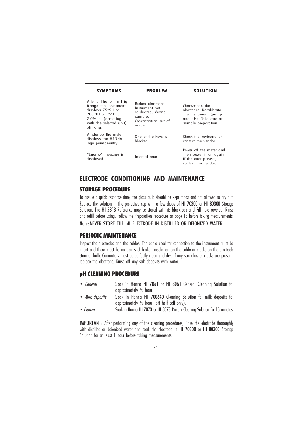 Electrode conditioning and maintenance, Ph cleaning procedure, Storage procedure | Periodic maintenance, General, Milk deposits, Protein | Hanna Instruments HI 84429 User Manual | Page 41 / 44