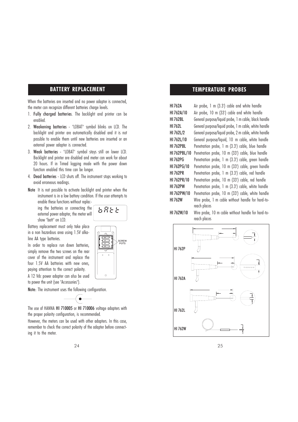 Temperature probes, Battery replacement | Hanna Instruments HI 98710 User Manual | Page 13 / 15