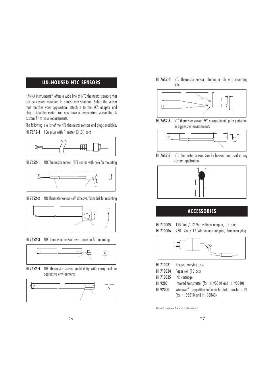 Accessories, Un-housed ntc sensors, Hanna instruments | Hanna Instruments HI 98710 User Manual | Page 14 / 15