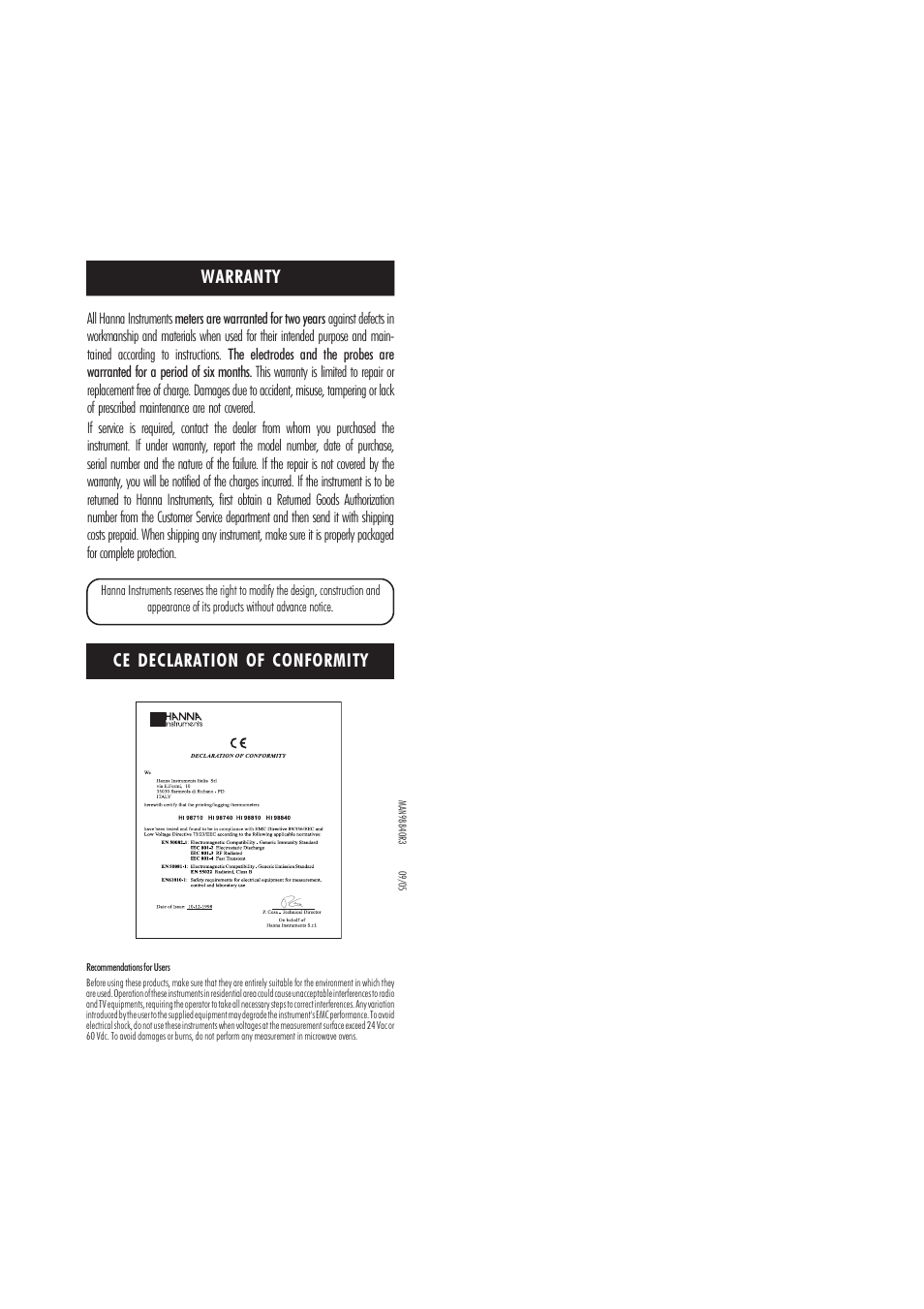 Warranty ce declaration of conformity | Hanna Instruments HI 98710 User Manual | Page 15 / 15